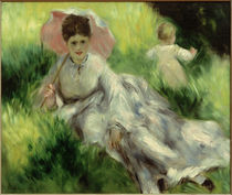 Woman with a Parasol and Small Child on a Sunlit Hillside / A. Renoir / Painting,  1874-1876 by klassik art