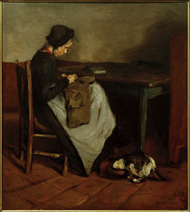 M. Liebermann, Nähendes Mädchen mit Katze - Holländisches Interieur von klassik art