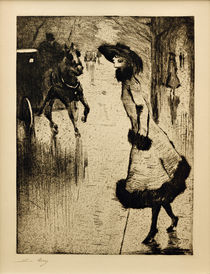 L.Ury, Dame, eine Pferdedroschke rufend by klassik art