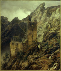 C.F.Lessing, Felsenlandschaft: Schlucht mit Ruinen von klassik art