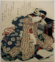 Hokusai, Frau liest das Kopfkissenbuch / Farbholzschn. 1822 by klassik art