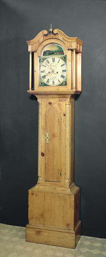 Long-case clock, with enamel painting of a train on the dial by English School