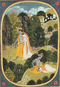 Radha and Krishna walking in a grove von Pahari School