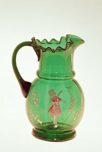 Mary Gregory green jug with fired enamel painting of child by American School