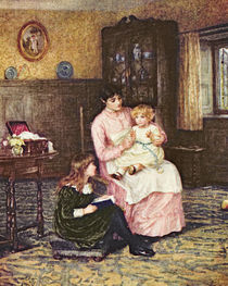 Mother playing with children in an interior by Helen Allingham