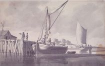 Sailing Barges Approaching a Wharf by William Anderson