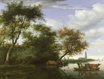 Wooded river landscape with figures and cattle on a ferryboat by Salomon van Ruisdael or Ruysdael