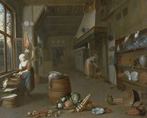 Kitchen interior with two maids preparing food by Gillis de Winter