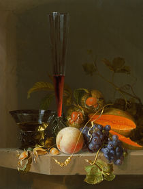 Still life of fruit on a ledge with a roemer and a wine glass by Jacob van Walscapelle