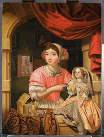 Girl holding a doll in an interior with a maid sweeping behind by Edwaert Colyer or Collier