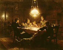 Family supper in the lamp light by Knut Ekvall