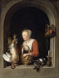 The Dutch Housewife or, The Woman Hanging a Cockerel in the Window von Gerrit or Gerard Dou