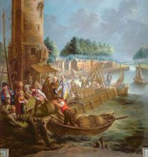 Canal scene with wine merchant unloading barrels by Jan-Anton Garemyn