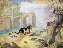 Cat killing mice in a landscape by Gottfried Mind or Mindt