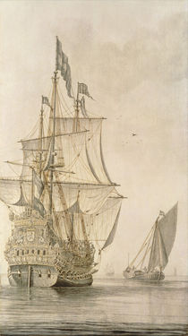 A Man-o'-war under sail seen from the stern with a boeiler nearby by Cornelius Bouwmeester