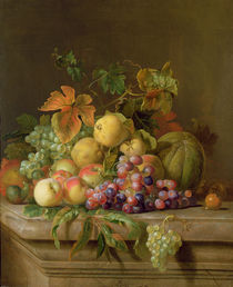 A Still Life of Melons, Grapes and Peaches on a Ledge by Jakob Bogdani or Bogdany