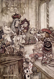 Knave before the King and Queen of Hearts von Arthur Rackham