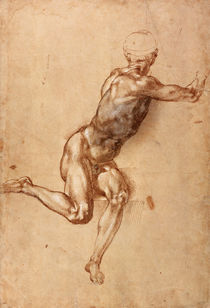 A seated male nude twisting around by Michelangelo Buonarroti