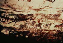 Rock painting of a leaping cow and a frieze of small horses von Prehistoric