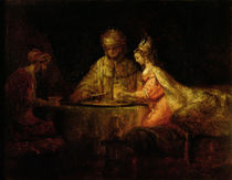 Ahasuerus , Haman and Esther by Rembrandt Harmenszoon van Rijn