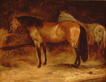 A Bay Horse at a manger, with a grey horse in a rug by Theodore Gericault