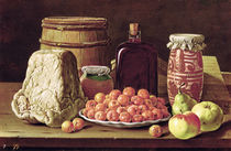 Still Life with Fruit and Cheese by Luis Menendez or Melendez
