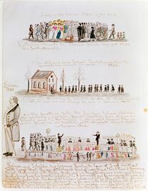 Three sketches depicting religious scenes in America by Lewis Miller