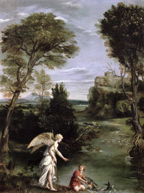 Landscape with Tobias laying hold of the Fish by Domenichino
