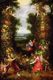 Holy Family in a landscape with a garland of fruit and vegetables by J. & Avont, P. van Brueghel