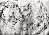 Battle between warriors and a dragon by Jacopo Bellini