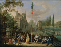 Elegant figures playing musical instruments around a maypole by Pieter Gysels