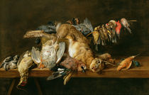Still life of dead birds and a hare on a table by Adriaen van Utrecht