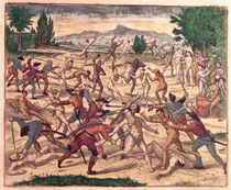 Pedro de Alvarado and his soldiers massacring the Aztecs by Theodore de Bry