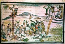 Aztec warriors engage in a ceremonial battle known as the Flowery War by Spanish School