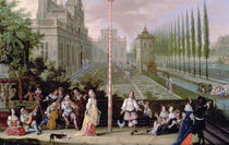 Detail of elegant figures playing musical instruments around a maypole von Pieter Gysels