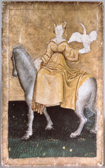 A mounted lady holding a heron on one hand by Konrad Witz