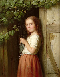 Young Girl Standing in a Doorway Knitting von Meyer von Bremen