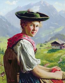 Girl with a Hat in Mountain Landscape by Emil Karl Rau