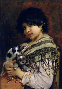 Gypsy Girl with Two Puppies by Willem Johannes Martens