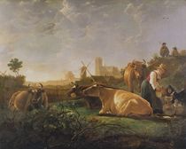 A Distant View of Dordrecht with Sleeping Herdsman and Five Cows von Aelbert Cuyp
