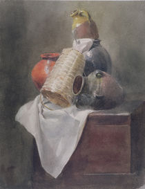 Still Life: Pots, Basket and Cloth on a Chest by Peter de Wint