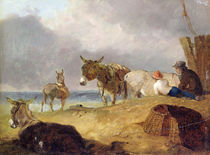 Donkeys and Figures on a Beach by Julius Caesar Ibbetson