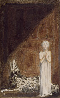 'A boy in a long dress, standing with clasped hands next to a dog' by William Blake