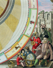 Tycho Brahe , detail from a map showing his system of planetary orbits by Andreas Cellarius