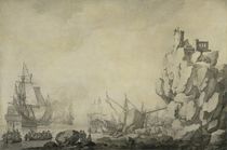 Ships and militia by a rocky shore von Willem van de, the Elder Velde