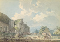 The Tithe Barn at Abbotsbury with the Abbey on the hill... von Thomas Girtin