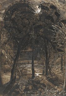 A moonlit scene with a winding river by Samuel Palmer