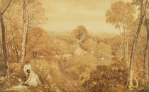 Wooded landscape with cottages and countrywomen by Joshua Cristall
