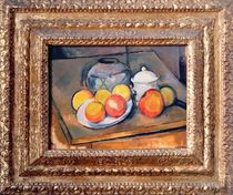 Straw-covered vase, sugar bowl and apples von Paul Cezanne