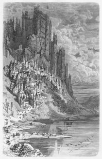 Fantasy landscape with town and castle by Gustave Dore